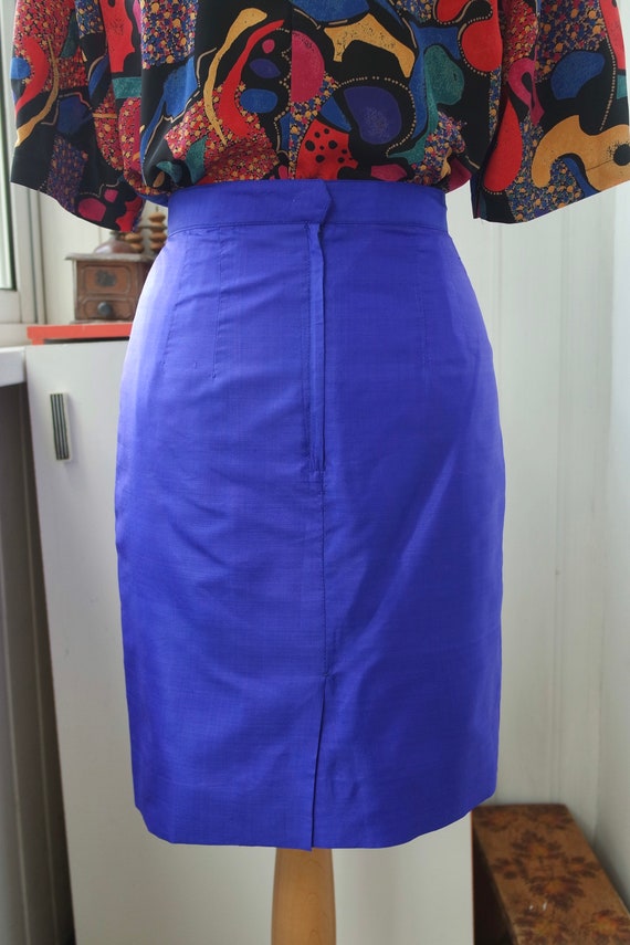 80s Royal Blue Pencil Skirt | Silk Satin Mini Ski… - image 4