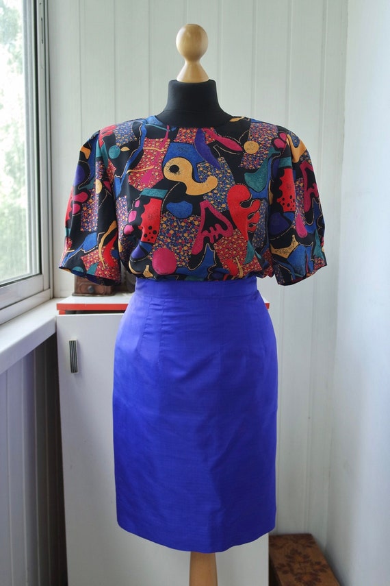 80s Royal Blue Pencil Skirt | Silk Satin Mini Ski… - image 1
