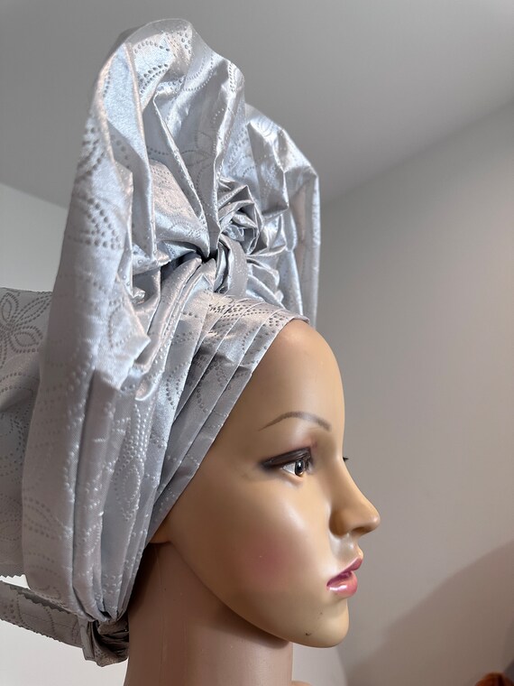 Elegant Silver Auto Gele: Ready-to-wear Head Tie - Etsy display picture 2