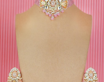 Pink Beads Choker Necklace with Earrings-Indian Jewelry-Pakistani Jewelry-Indian Choker Necklace-Pink Beaded Necklace-Sabyasachi Jewellery