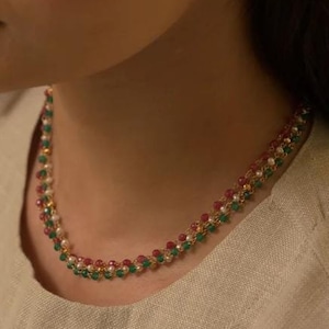 Three Line Multicolour Necklace-Beads Mala Silver Alloy Necklace-24K Gold Plated-Pearl Onyx Ruby-Indian Jewelry-Pakistani Jewels-Traditional