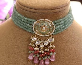 Mint Green and Pink Kundan Polki Choker Necklace with Earrings-Indian Jewelry-Beads Necklace-Pakistani Jewelry-Indian Wedding Necklace Set