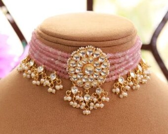 Pink Polki Choker Necklace with Earrings-Sabyasachi Necklace-Indian Jewellery Set-Pakistani Jewellery Set-Kundan Choker-Pink Beaded Necklace