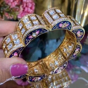 Designer Lotus Meenakari Kundan Polki Kada-Polki Bangle Bracelet-Bridal Bracelet-Indian Traditional Openable Wedding Bangle- Punjabi Kada