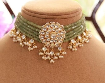 Mint Polki Choker Necklace with Earrings-Sabyasachi Necklace-Indian Jewellery Set-Pakistani Jewellery-Kundan Choker-Green Beaded Necklace