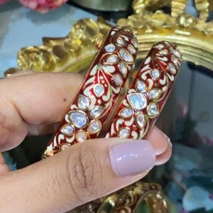 Kundan Polki Bangle PAIR-Red Meenakari Polki Kada-Polki Bridal Bracelet-Indian Traditional Openable Wedding Bangle- Punjabi Wedding Jewelry