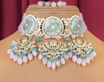 Pastel Meenakari Choker Set, Kundan Bridal Jewelry, Pink Blue Beads, Maang Tikka