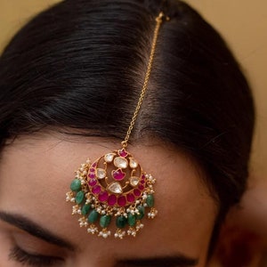 925 Sterling Silver-Ruby Emerald Moissanite Polki Maang Tikka-Indian Jewelry-Pakistani Jewelry-Indian Forehead Jewelry-Bridal Maang Tikka