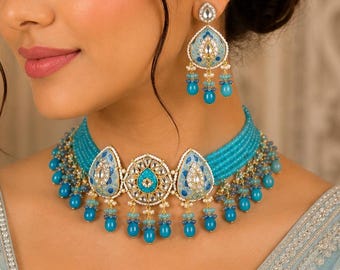 Aqua Blue Kundan Choker Necklace Set, Meenakari Bridal Jewelry, Festive Ethnic Gift