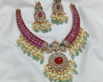 Ruby Bridal Necklace Set, Peacock Kundan Jewelry, Statement Wedding Necklace, Indian Bridal Set