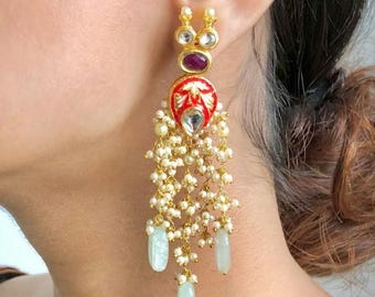 Kundan Polki Meenakari Earrings-Pearl and Mint Green Danglers-Indian Earrings-Pakistani Earrings-Indian Bridal Jewelry-Traditional Earrings
