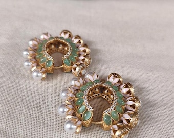 Mint Green Hoop Earrings-Polki Chandbali Hoops-Indian Earrings-Pakistani Earrings-Bollywood Earrings-Bali Earring-Hoop Statement Earrings