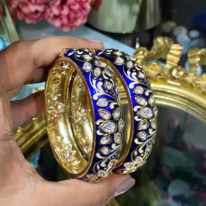 Kundan Polki Bangle PAIR-Blue Meenakari Polki Kada-Polki Bridal Bracelet-Indian Traditional Openable Wedding Bangle- Punjabi Wedding Jewelry