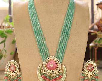 Victorian Style Long Chain Kundan Polki Necklace with Earrings-Indian Jewelry-Pakistani Jewelry-Indian Long Necklace-Mint Beaded Necklace