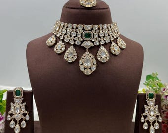 Emerald Kundan Polki Bridal Choker Set, Statement Wedding Jewelry with Ring