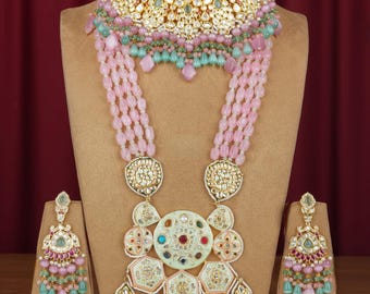 Bridal Kundan Polki Necklace with Earring and Maangtika-Rajwada Haar-Double Haar-Full Bridal Combo-Sabyasachi Wedding Necklace-Meenakari Set