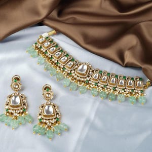 Mint Green Kundan Polki Necklace with Earrings-Indian Jewellery-Pakistani Jewellery-Indian Choker-Mint Green Beads Necklace Set-Sabyasachi