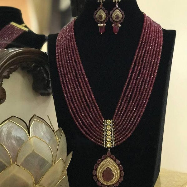 Ruby Long Victorian Necklace with Earrings-Long Indian Necklace-Indian Jewellery-Red beads Necklace-Pakistani Jewellery-Traditional Jewelry