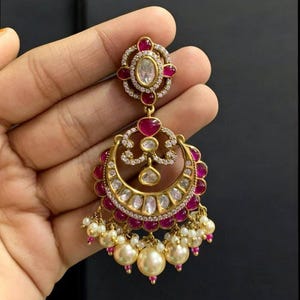 Kundan Polki-oorbellen-Polki Pearl Dangler-oorbellen-Indiase oorbellen-traditionele oorbellen-Pakistaanse sieraden-cadeau voor haar oorbellen-Chandbalis