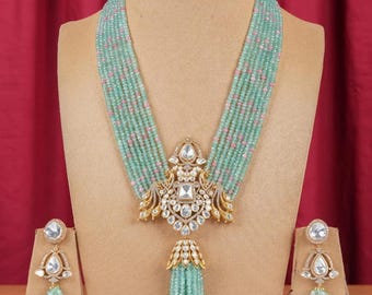 Mint Green Polki Long Necklace with Earrings-Sabyasachi Necklace-Indian Long Necklace-Pakistani Jewelry-Green Beaded Necklace-Peacock Motif
