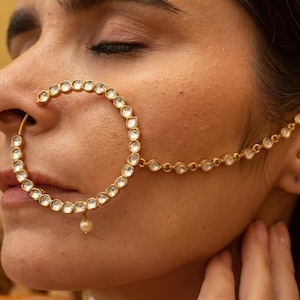 Silver Polki Nath-Moissanite Polki-Pearl-24K Gold-Priyanka Chopra Nath-Non Piercing Indian Nose Ring-Clip On Nose Ring-Big Bridal Polki Nath