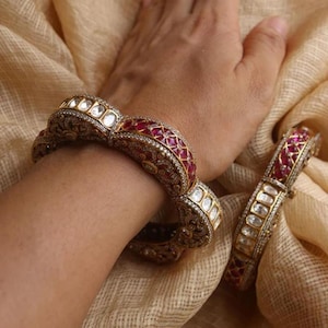 Kundan Polki Bangle-Ruby Red Polki Bracelet-Bridal Bracelet-Polki Kada-Indian Traditional Openable Wedding Bangle-Punjabi Wedding Jewelry