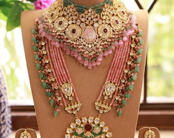 Bridal Kundan Polki Necklace with Earring and Maangtika-Rajwada Haar-Double Haar-Full Bridal Combo-Sabyasachi Wedding Necklace-Meenakari Set