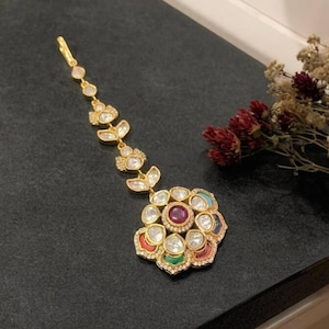 Navratna Polki Floral Maang Tikka-Indian Jewelry-Pakistani Jewelry-Indian Forehead Jewelry-Gift-Bridal Maang Tikka-Hair Jewelry-Sabyasachi