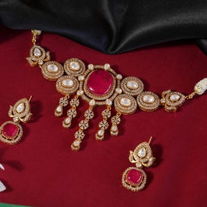 Red Victorian Style Necklace with Earrings-Kundan Polki Red Necklace-Indian Jewelry-Pakistani Jewelry-Sabyasachi Jewelry-Indian Bridal Jewel