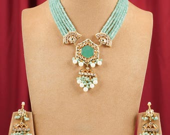 Mint Polki Indian Necklace with Earrings-Sabyasachi Necklace-Indian Jewelry-Pakistani Jewelry-Mint Green Beaded Necklace-Kundan Pearl Jewels