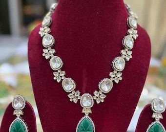 Polki Necklace Set Green Drop Pendant Statement Ethnic Jewelry