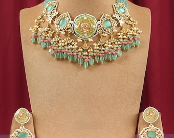 Mint Green Kundan Polki Necklace with Earrings and Maangtika-Indian Jewelry-Pakistani Jewelry-Mint Green Beaded Necklace-Sabyasachi Jewelry