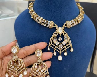 Set di collana girocollo e orecchini in cristallo Kundan, gioielli da sposa indiani, regalo per matrimonio.