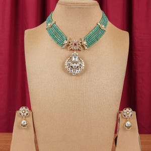 Green Victorian Style Necklace with Earring-Indian Jewelry-Pakistani Jewelry-Indian Long Necklace-Green Beaded Necklace-Sabyasachi Jewellery