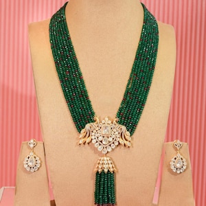 Green Long Victorian Style Necklace with Earring-Indian Jewelry-Pakistani Jewelry-Indian Long Necklace-Green Beads Necklace-Sabyasachi Jewel
