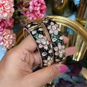 Kundan Polki Bangle PAIR-Green Meenakari Polki Kada-Polki Bridal Bracelet-Indian Traditional Openable Wedding Bangle- Punjabi Wedding Jewel
