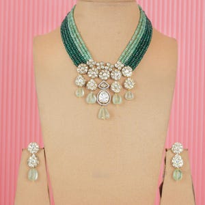 Victorian Style Long Chain Necklace and Earrings Set-Kundan Polki Necklace-Indian Jewellery-Pakistani Jewellery-Multi Colour Beaded Necklace