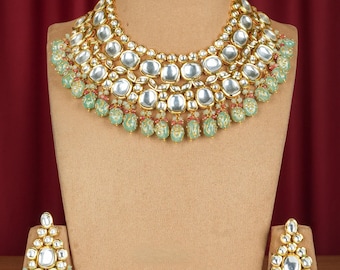 Kundan Polki Necklace with Earring and Maangtika-Sabyasachi Necklace-Indian Bridal Necklace Set-Victorian Necklace-Mint Green Necklace Set