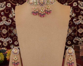 Pastel Meenakari Choker Set, Kundan CZ Necklace, Bridal Jewelry, Pink Beaded Earrings
