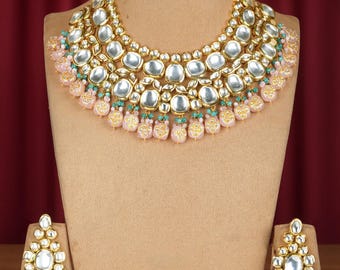 Kundan Polki Necklace with Earring and Maangtika-Sabyasachi Necklace-Indian Bridal Necklace Set-Victorian Necklace-Peach Pink Necklace Set