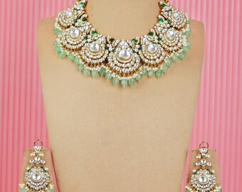 Kundan Polki Victorian Style Jewelry Set-Indian Jewelry-Pakistani Jewel-Mint Green and White Necklace with Earrings and Maangtika-Sabyasachi