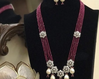 Victorian Style Long Chain Necklace with Earrings-Diamond Necklace-Indian Jewelry-Pakistani Jewelry-Indian Long Necklace-Red Beaded Necklace