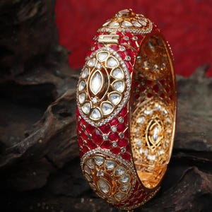 Kundan Polki Bangle-Ruby Red Polki Bracelet-Bridal Bracelet-Polki Kada-Indian Traditional Openable Wedding Bangle-Punjabi Wedding Jewelry