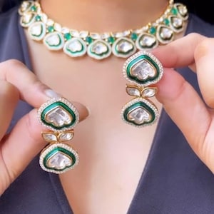 Green Victorian Style Necklace with Earrings-Kundan Polki Meena-Indian Jewelry-Pakistani Jewelry-Green White Necklace Set-Sabyasachi Jewelry
