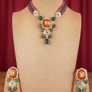 Collier de perles rouges et vertes avec boucles d&#39;oreilles-Collier Kundan Meena-Bijoux indiens-Bijoux pakistanais-Bijoux traditionnels-Bijoux Meenakari rouge