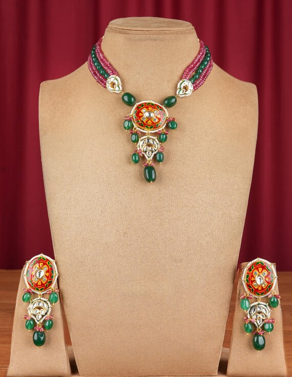 Red and Green Beads Necklace With Earrings-kundan Meena Necklace