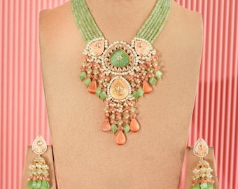 Mint Polki Long Necklace with Earrings and Maangtika-Sabyasachi Necklace-Indian Jewelry-Mint Green Beaded Necklace-Kundan Meena Jewelry Set