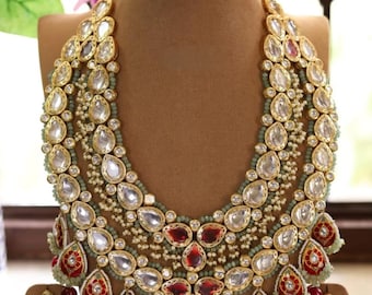 Kundan Polki Necklace with Earring and Maangtika-Indian Jewelry-Pakistani Jewelry-Sabyasachi Jewelry-Big Size Bridal Necklace Full Combo Set