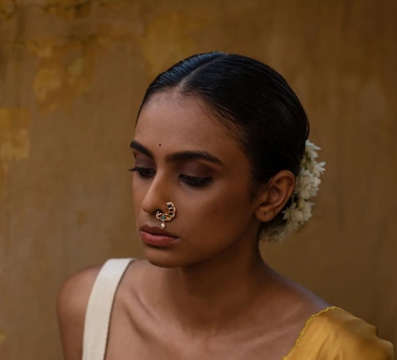 Silver Navratna Nath-24K Gold Plated-Non Piercing Indian Nose Ring-Clip On Nose Ring-Bridal Nath-Sapphire-Ruby-Green Onyx-Coral-Firoza-Gomed