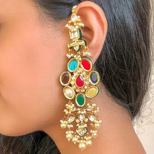 Navratna Polki Earrings-Kundan Polki Chandbalis-Indian Earrings-Pakistani Earrings-Bollywood Earrings-Indian Bridal Jewelry-Multicolour